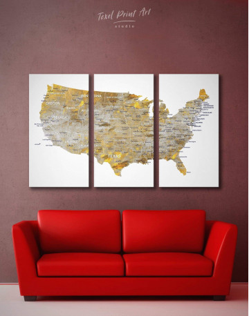 3 Panels USA States Golden Map Canvas Wall Art
