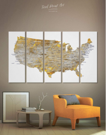 5 Panels USA States Golden Map Canvas Wall Art