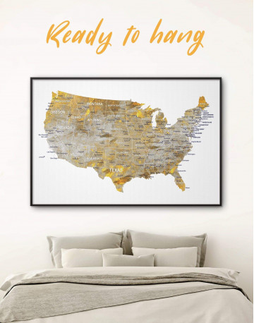 Framed USA States Golden Map Canvas Wall Art