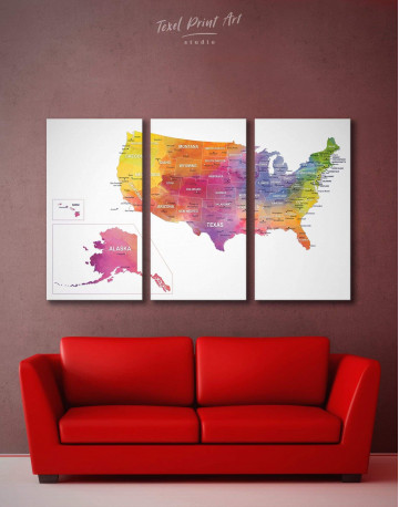 3 Pieces Watercolor US Travel Map Canvas Wall Art