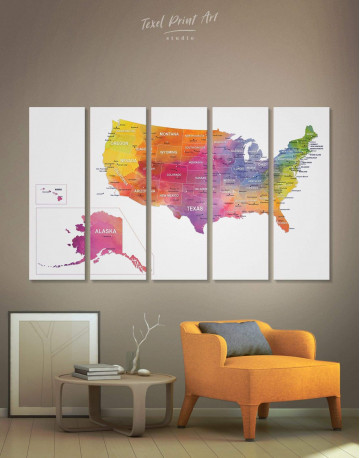 5 Pieces Watercolor US Travel Map Canvas Wall Art