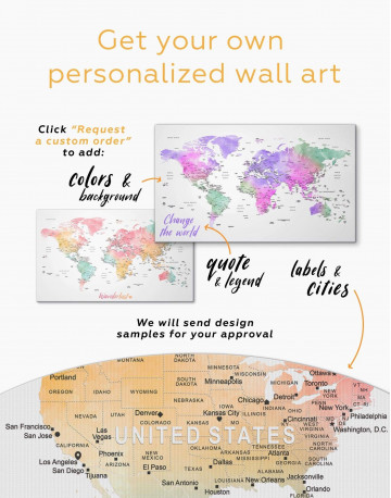 3 Panels World Map with Cities Canvas Wall Art - image 1