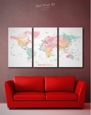 3 Panels World Map with Cities Canvas Wall Art