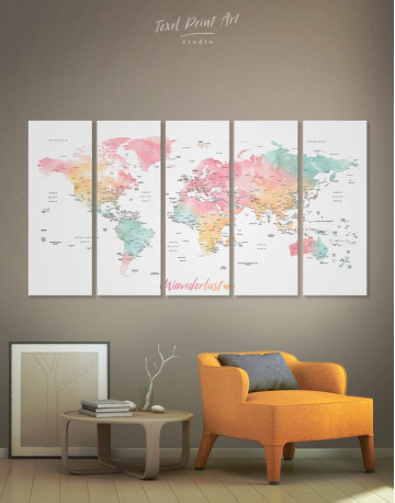 5 Panels World Map with Cities Canvas Wall Art
