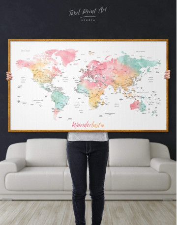 Framed World Map with Cities Canvas Wall Art - image 1