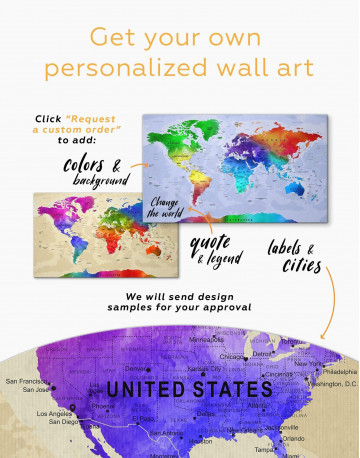 4 Panels Rainbow Travel Map Canvas Wall Art - image 1