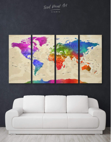 4 Panels Rainbow Travel Map Canvas Wall Art