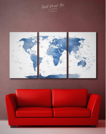 3 Panels Blue and White Map Canvas Wall Art