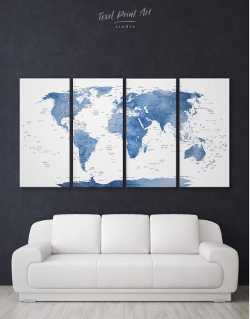 4 Pieces Blue and White Map Canvas Wall Art