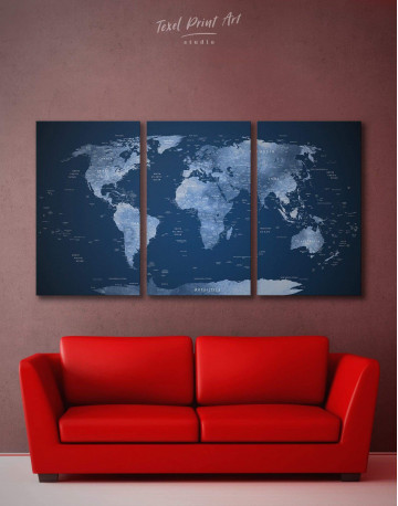 3 Pieces Deep Blue World Map Canvas Wall Art