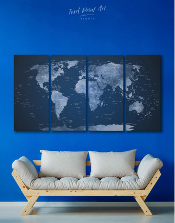 4 Panels Deep Blue World Map Canvas Wall Art
