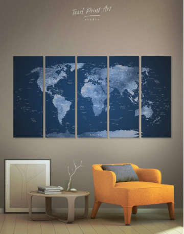 5 Pieces Deep Blue World Map Canvas Wall Art