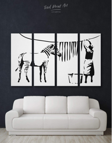 4 Panels Washing Zebra Stripes by Banksy Canvas Wall Art