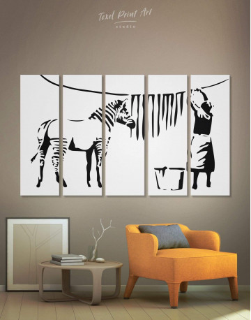 5 Panels Washing Zebra Stripes by Banksy Canvas Wall Art