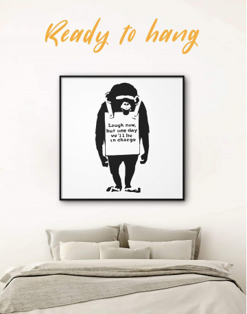 Framed Chimp Laugh Now by Banksy Canvas Wall Art
