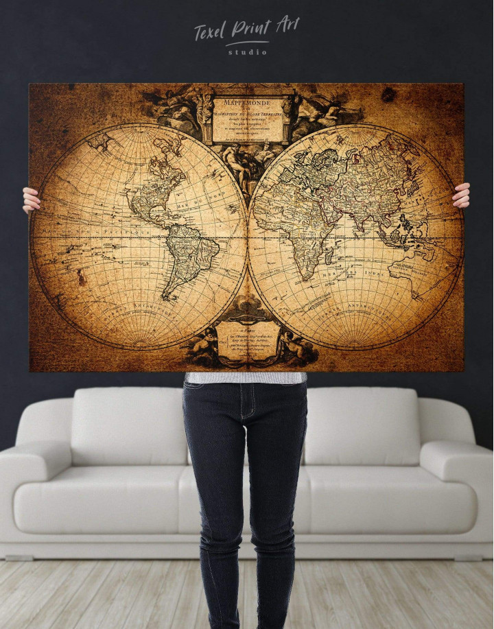 Fabric Canvas Poster Vintage Wonders World Map Artwork Bar Cafe Wall Decor S35