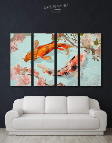 4 Panels Two Koi Fish Swimming Together Canvas Wall Art