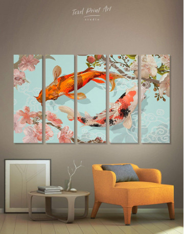 5 Pieces Two Koi Fish Swimming Together Canvas Wall Art