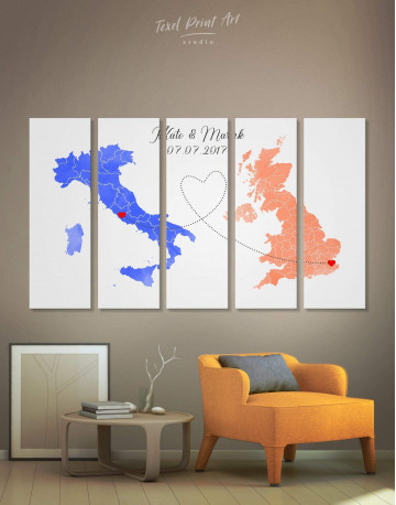 5 Panels Long Distance Relationships Map Canvas Wall Art