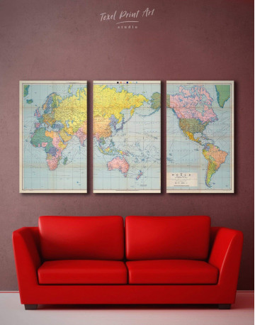 3 Panels Classic World Map Canvas Wall Art