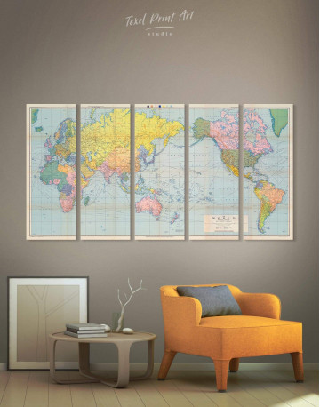 5 Panels Classic World Map Canvas Wall Art