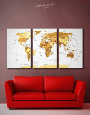 3 Panels Golden World Map Canvas Wall Art