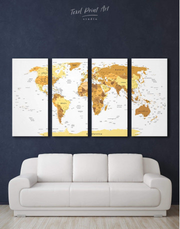 4 Panels Golden World Map Canvas Wall Art