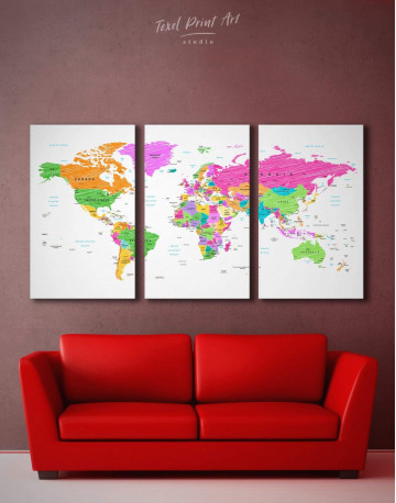 3 Panels Colorful World Map Canvas Wall Art