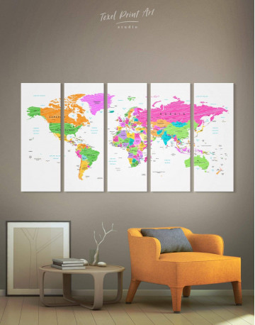 5 Panels Colorful World Map Canvas Wall Art