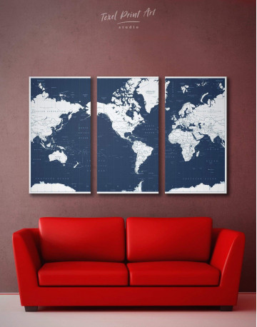 3 Panels Map On Blue Background Canvas Wall Art