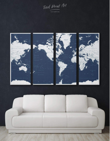 4 Panels Map On Blue Background Canvas Wall Art