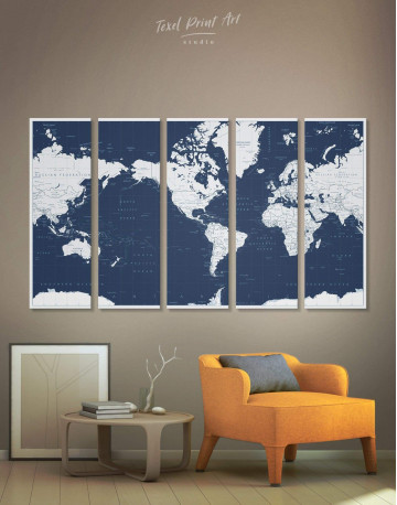 5 Panels Map On Blue Background Canvas Wall Art