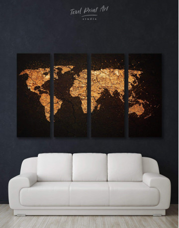 4 Panels Abstract Golden Map Canvas Wall Art