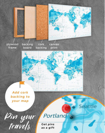 3 Panels Light Blue World Map with Pins Canvas Wall Art - image 3
