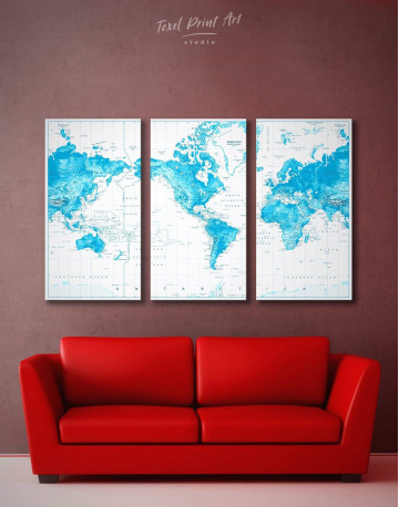 3 Panels Light Blue World Map with Pins Canvas Wall Art