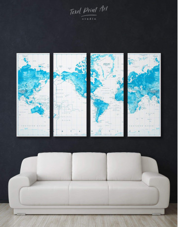 4 Panels Light Blue World Map with Pins Canvas Wall Art