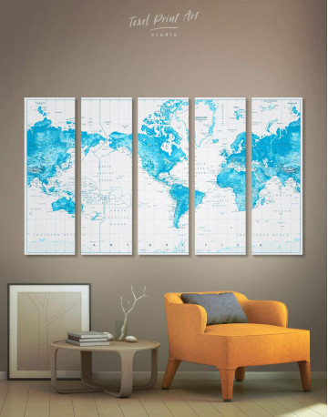 5 Panels Light Blue World Map with Pins Canvas Wall Art
