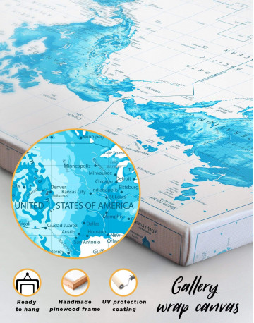5 Panels Light Blue World Map with Pins Canvas Wall Art - image 1