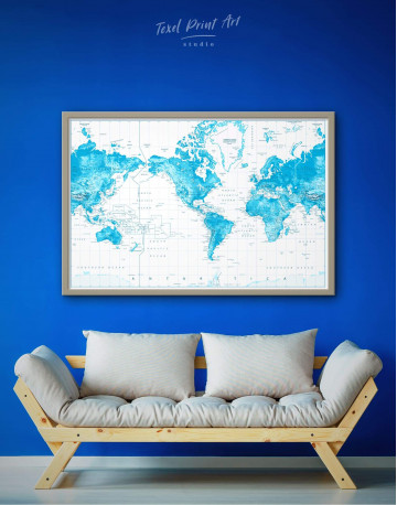 Framed Light Blue World Map with Pins Canvas Wall Art - image 1
