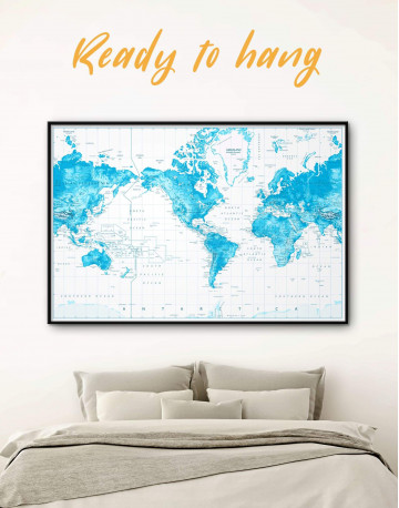 Framed Light Blue World Map with Pins Canvas Wall Art