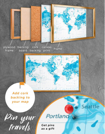 Framed Light Blue World Map with Pins Canvas Wall Art - image 4