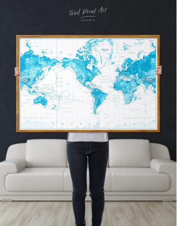 Framed Light Blue World Map with Pins Canvas Wall Art - image 6