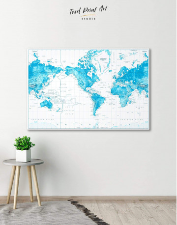 Light Blue World Map with Pins Canvas Wall Art