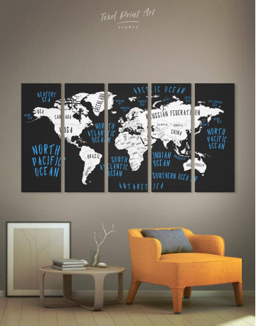 5 Panels Stylish World Map Canvas Wall Art