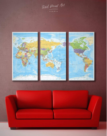 3 Panels Detailed World Map Canvas Wall Art