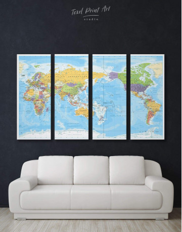 4 Panels Detailed World Map Canvas Wall Art