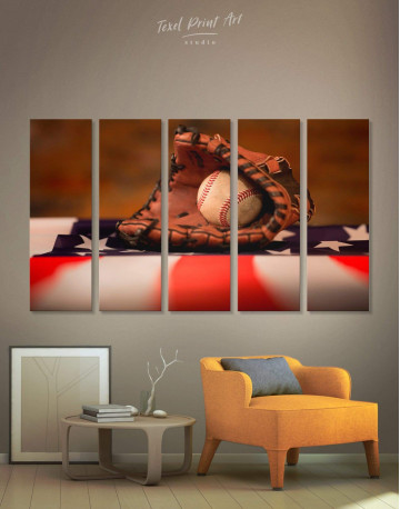 5 Panels Baseball With American Flag Canvas Wall Art