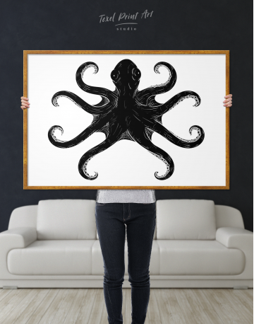 Framed Black and White Octopus Painting Canvas Wall Art - image 1