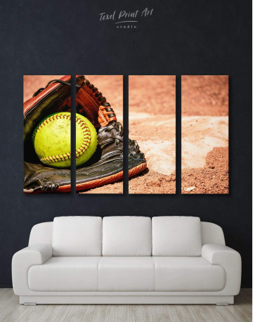 4 Panels Softball Stick and Ball Canvas Wall Art