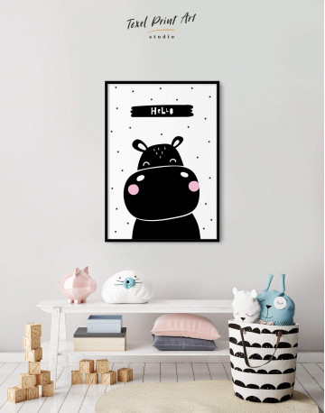 Framed Hello Hippo Nursery Animal Canvas Wall Art - image 1
